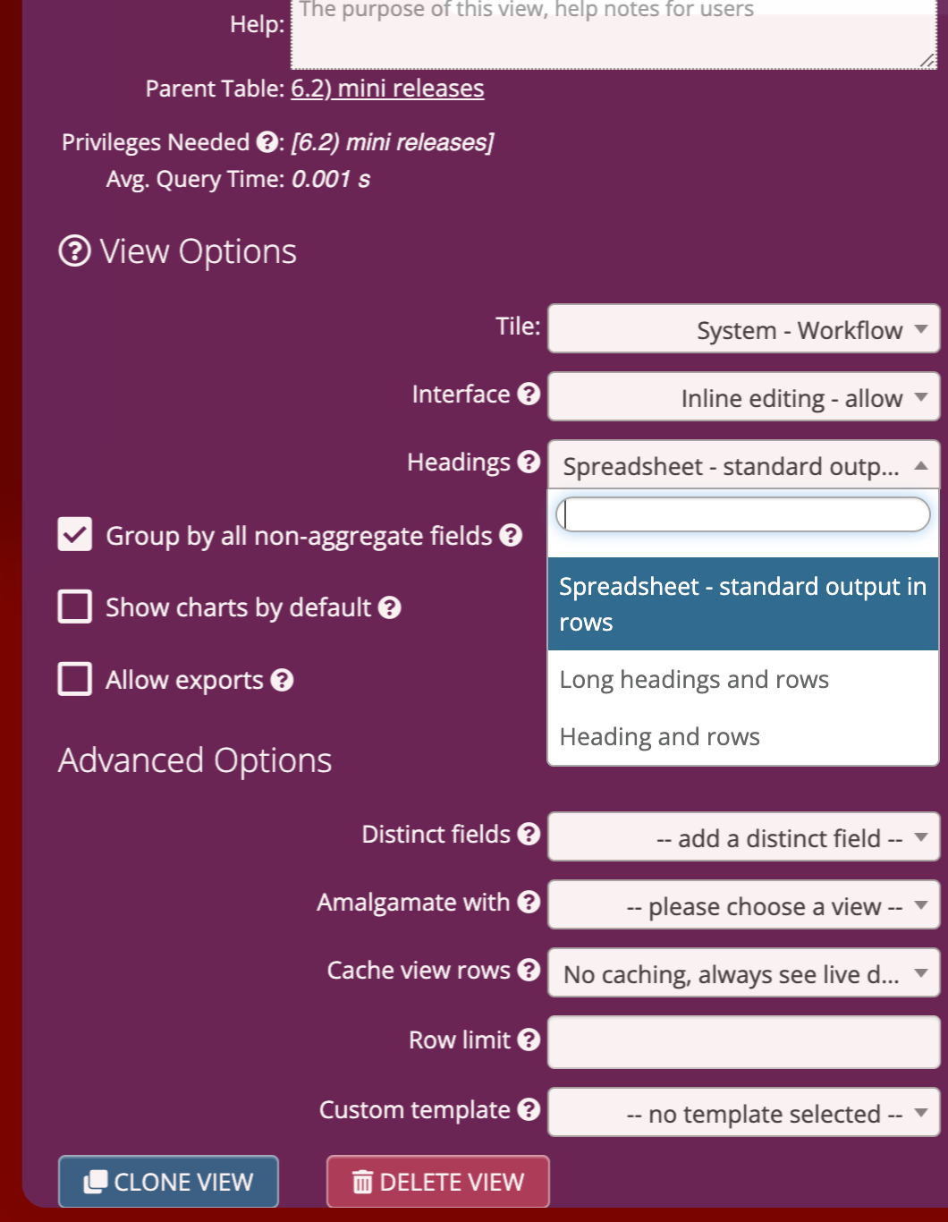 headings and rows