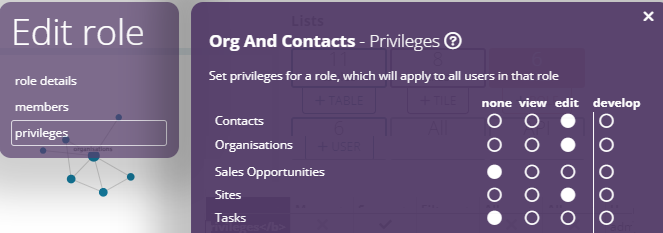 The Roles privilege list